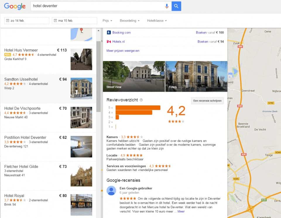 Google Hotel Finder hotel deventer met TrustYou samenvatting