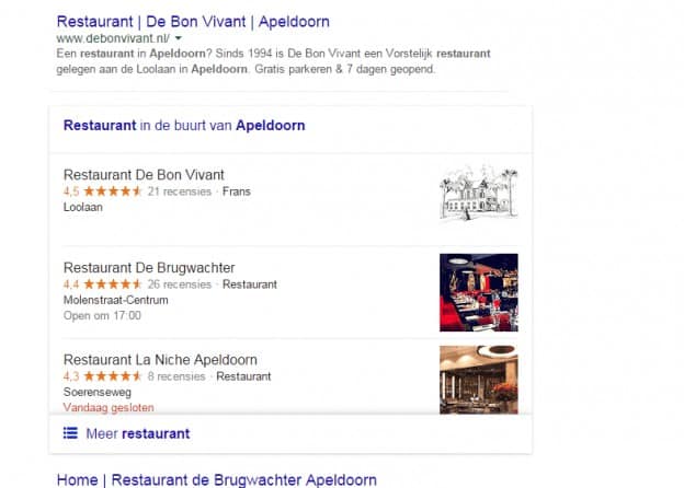 Google zoekresultaat met Answer Box lokale horeca - restaurant apeldoorn