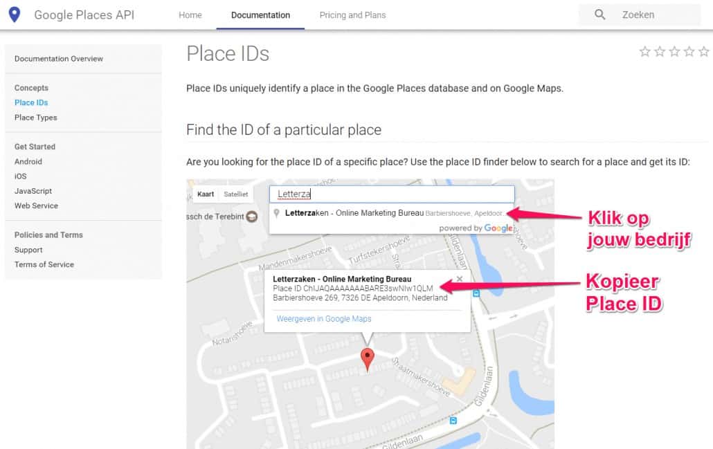 Google Place ID via de Google Places API