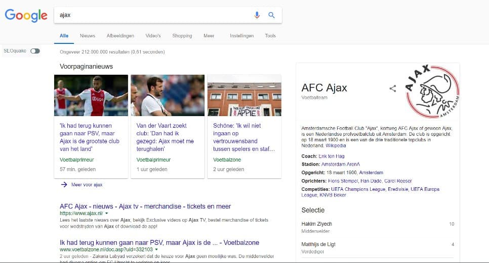 De zoekresultatenpagina (SERP) voor de zoekterm Ajax gaat enkel over de voetbalclub