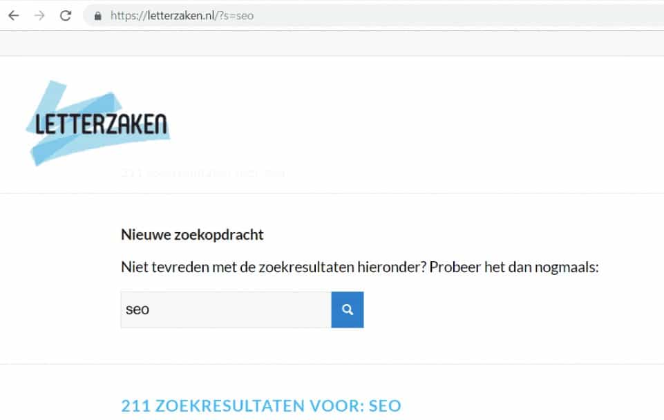 Zoekopdracht 'SEO' op letterzaken.nl, met de letter s als queryparameter
