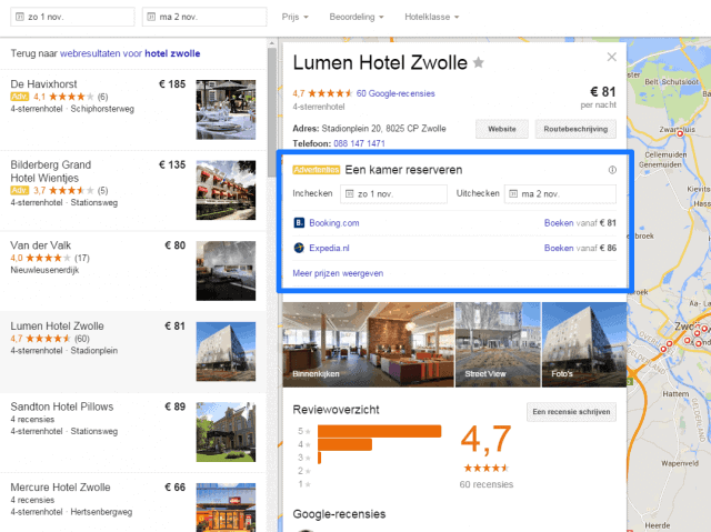 Boeken van een hotel in Zwolle via Google Hotel Finder