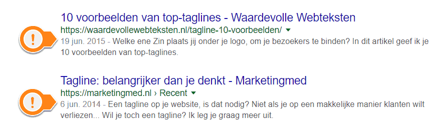 Zoekresultaat met datum voor de meta-omschrijving bij artikelen over de tagline. Bij waardevollewebsteksten.nl staat '19 jun. 2015' en bij Marketingmed.nl staat '6 jun. 2014' als publicatiedatum vermeld.