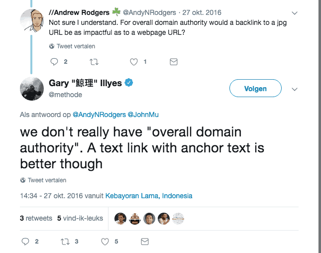 Reactie Gary Illyes op Twitter: we gebruiken geen algehele domeinautoriteitssignalen