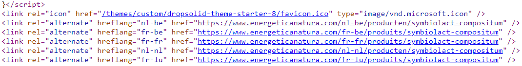 HTML hreflang-tags in broncode met daarin zowel nl-be, fr-be, fr-fr en nl-nl als fr-lu.