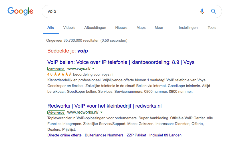 Zoekopdracht 'voib' (met een b) resulteert in Google in correctie naar voip (voice over IP).