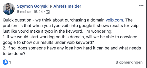 Vraag in Facebookgroep over domein voib.com.