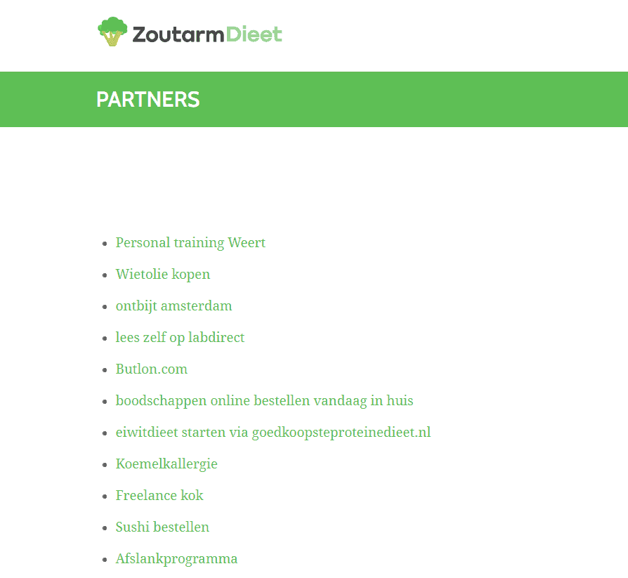 Pagina "Partners" op ZoutarmDieet.nl, met daarop een hele lijst met enorm verschillende links.