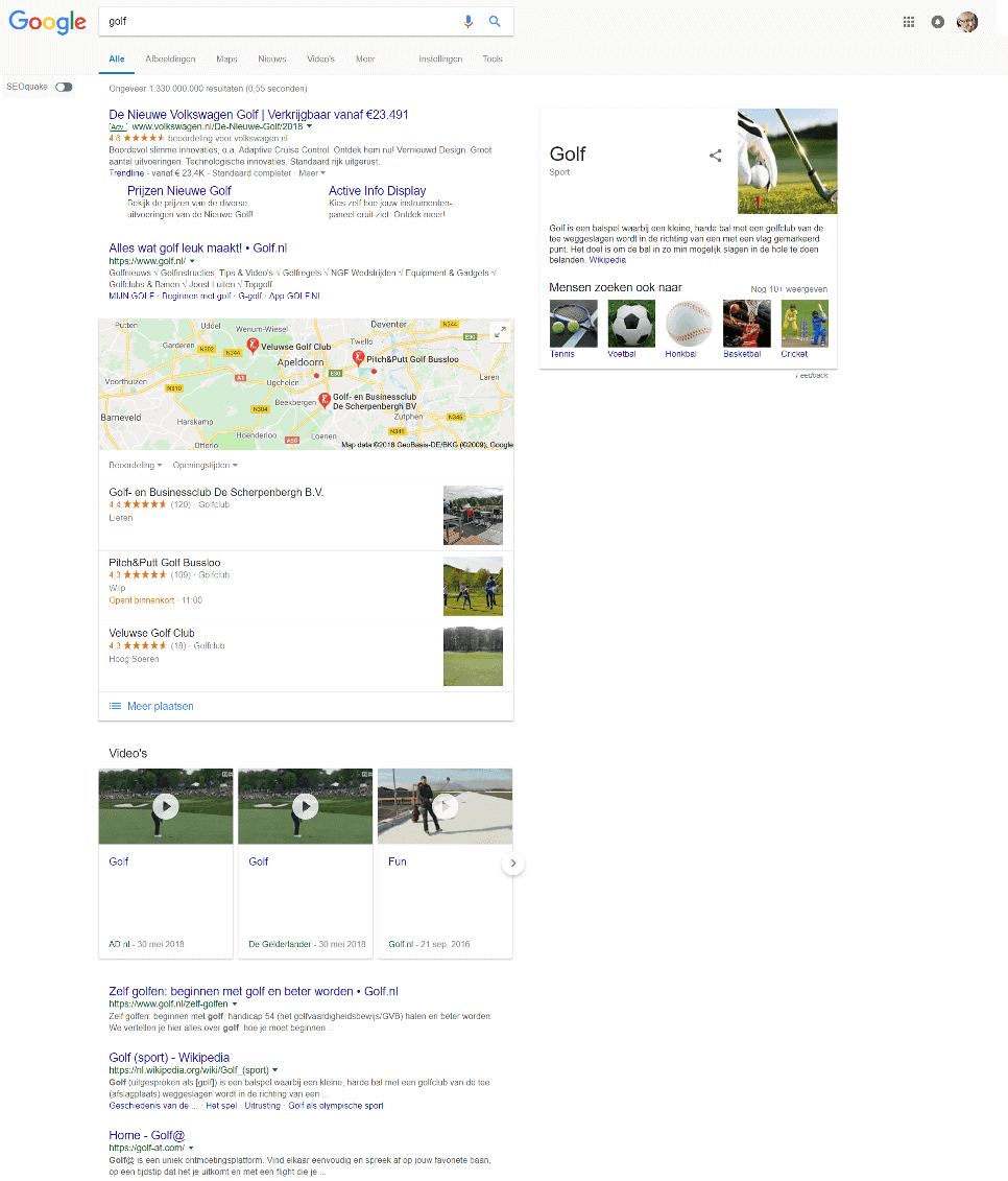 Zoek op golf en je krijgt dit zoekresultaat - Apeldoorn, juli 2018. Hoeveel auto's staan in deze zoekresultatenpagina?